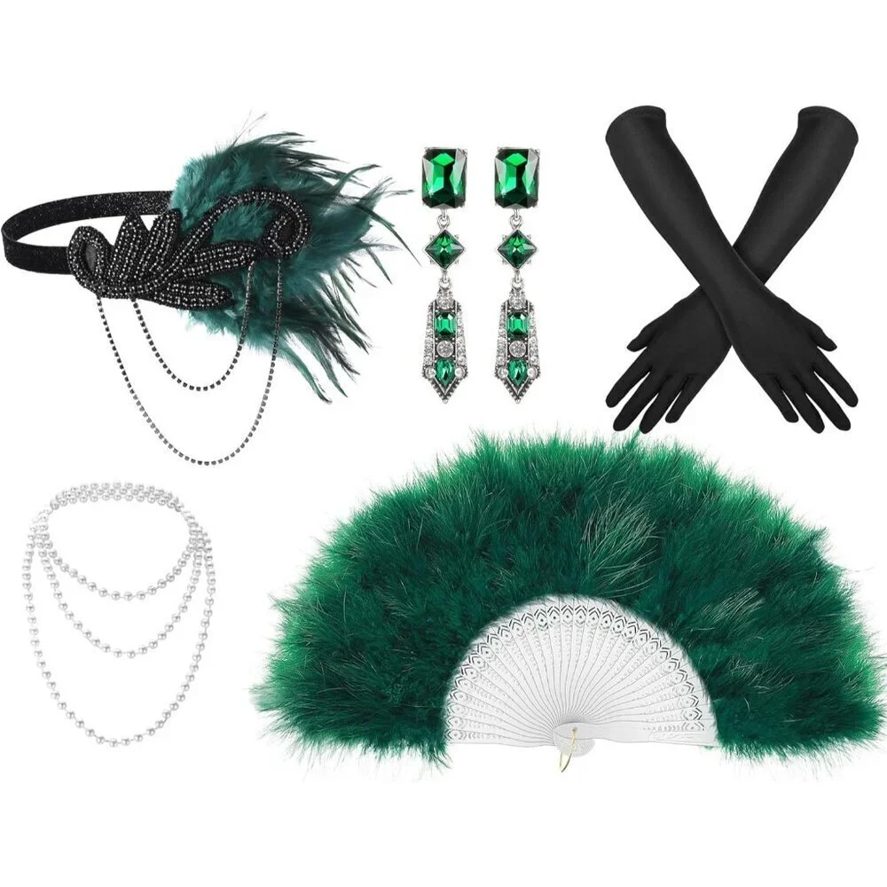1920s Flapper Costume Accessories Set Beads Feathers Pearl Earrings Gloves